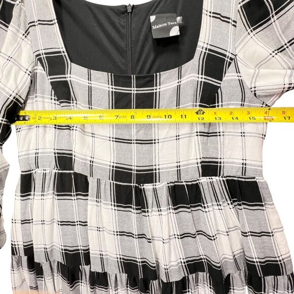 Maison Tara Plaid Tiered Dress Black White Lined Babydoll Back Zipper Short 4 - Picture 14 of 14
